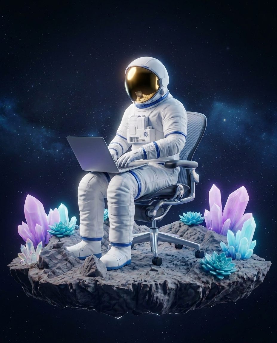 Scriptwriter: astronaut with a gold visor, at work