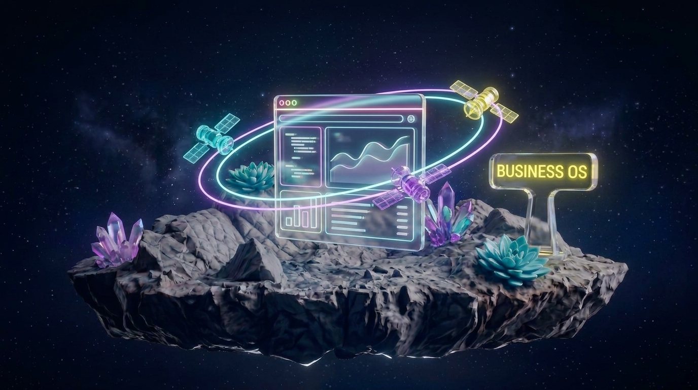 A glass website with three satellites orbiting it on a floating rock, the Business OS