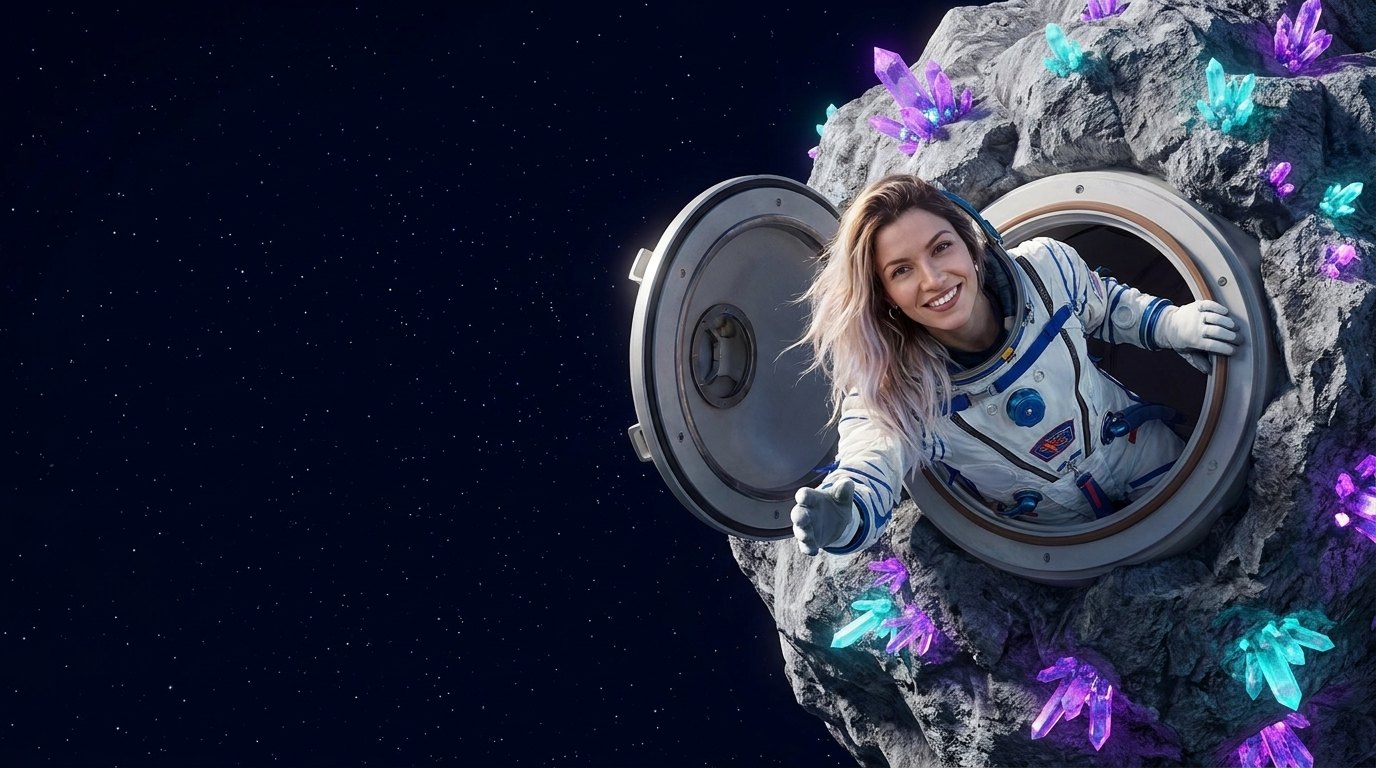 Anastasia Tsoupa, MK-Way's founding creative director, floating out of a space module on a rock in deep space