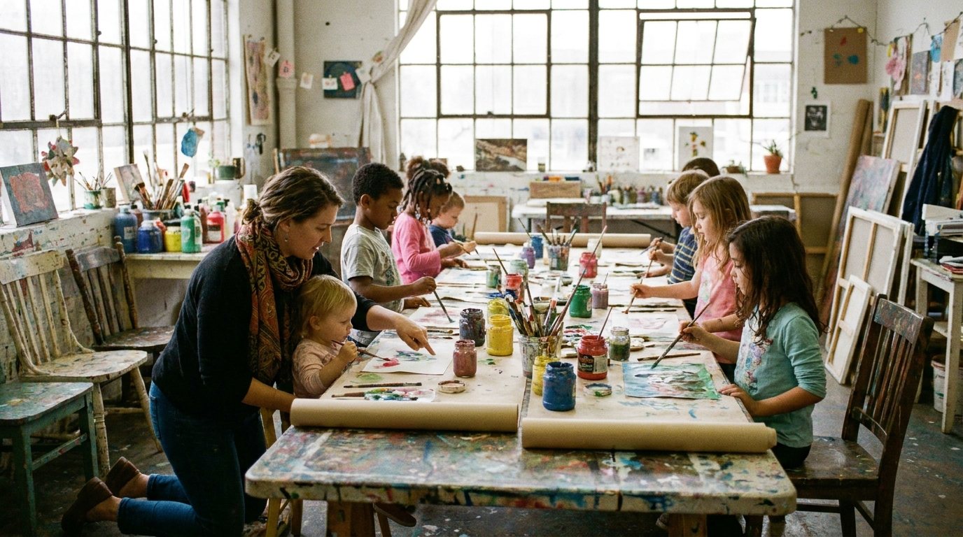 A community art studio full of children painting