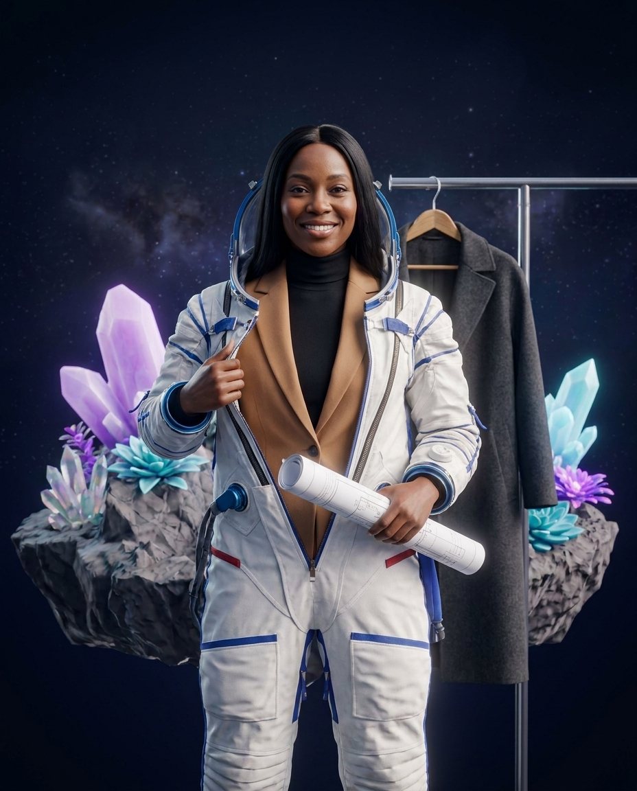 Creative director, half-zipped into an MK-Way spacesuit, their work clothes on a hanger behind