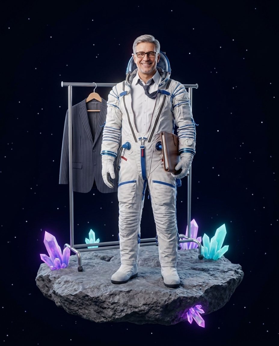 Lawyer, half-zipped into an MK-Way spacesuit, their work clothes on a hanger behind