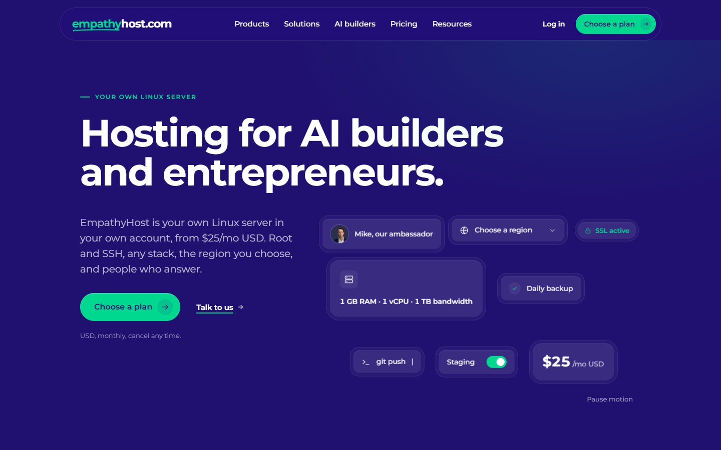 EmpathyHost website, above the fold