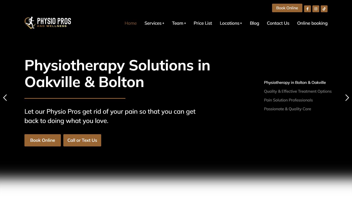 Physio Pros website, above the fold