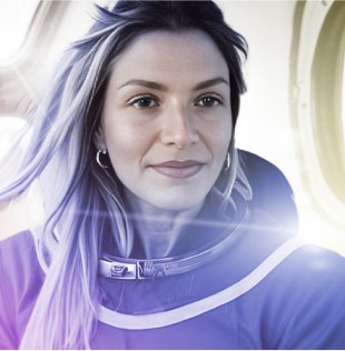 Anastasia, Creative Director, in an MK-Way spacesuit