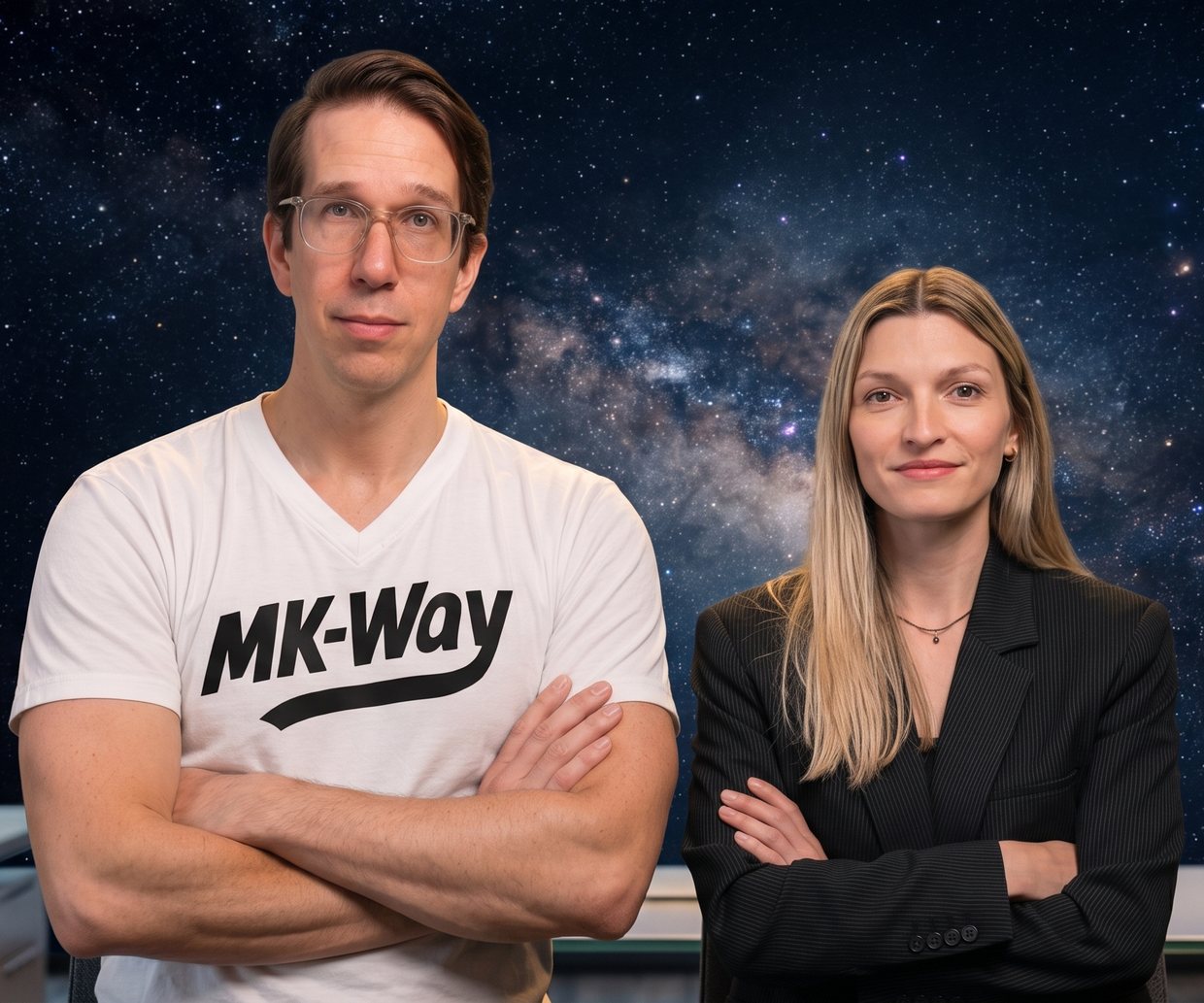 Mike Kwal and Anastasia Tsoupa, arms crossed, in front of the galaxy wall at MK-Way